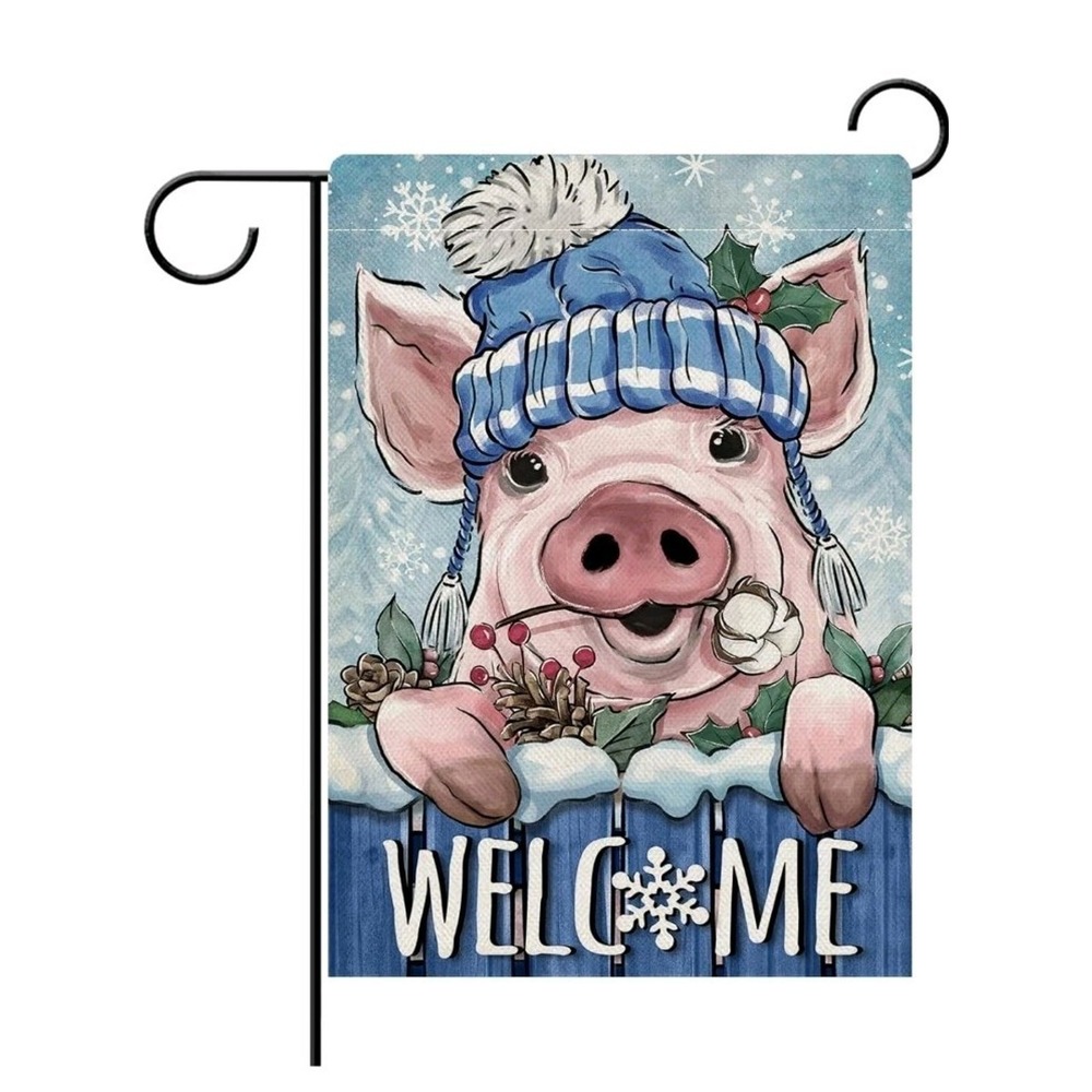 Dyrenson Welcome Winter Pig Decorative Garden Flag, Farm Animal Snowflake s20
